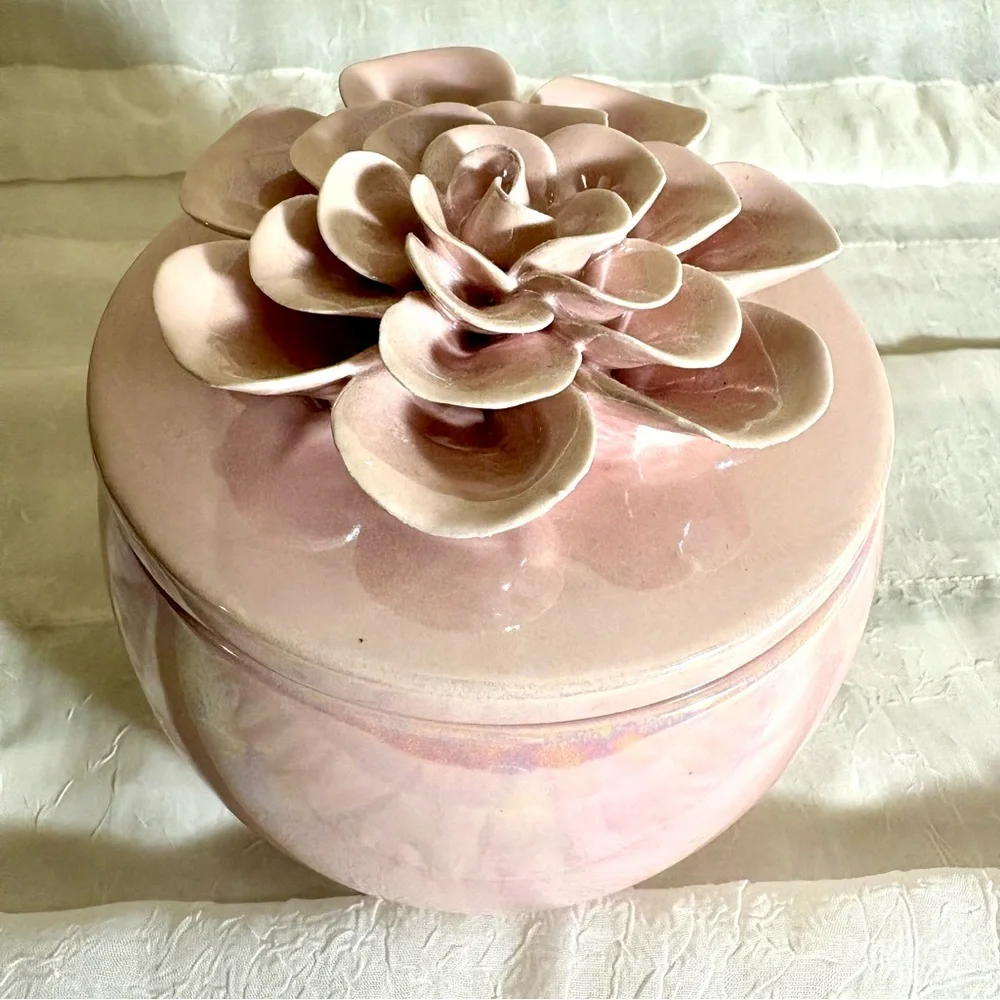 Cherry Blossom Candle MG Studio Iridescent Pink Ceramic Rose Bloom Holder 2-Wick